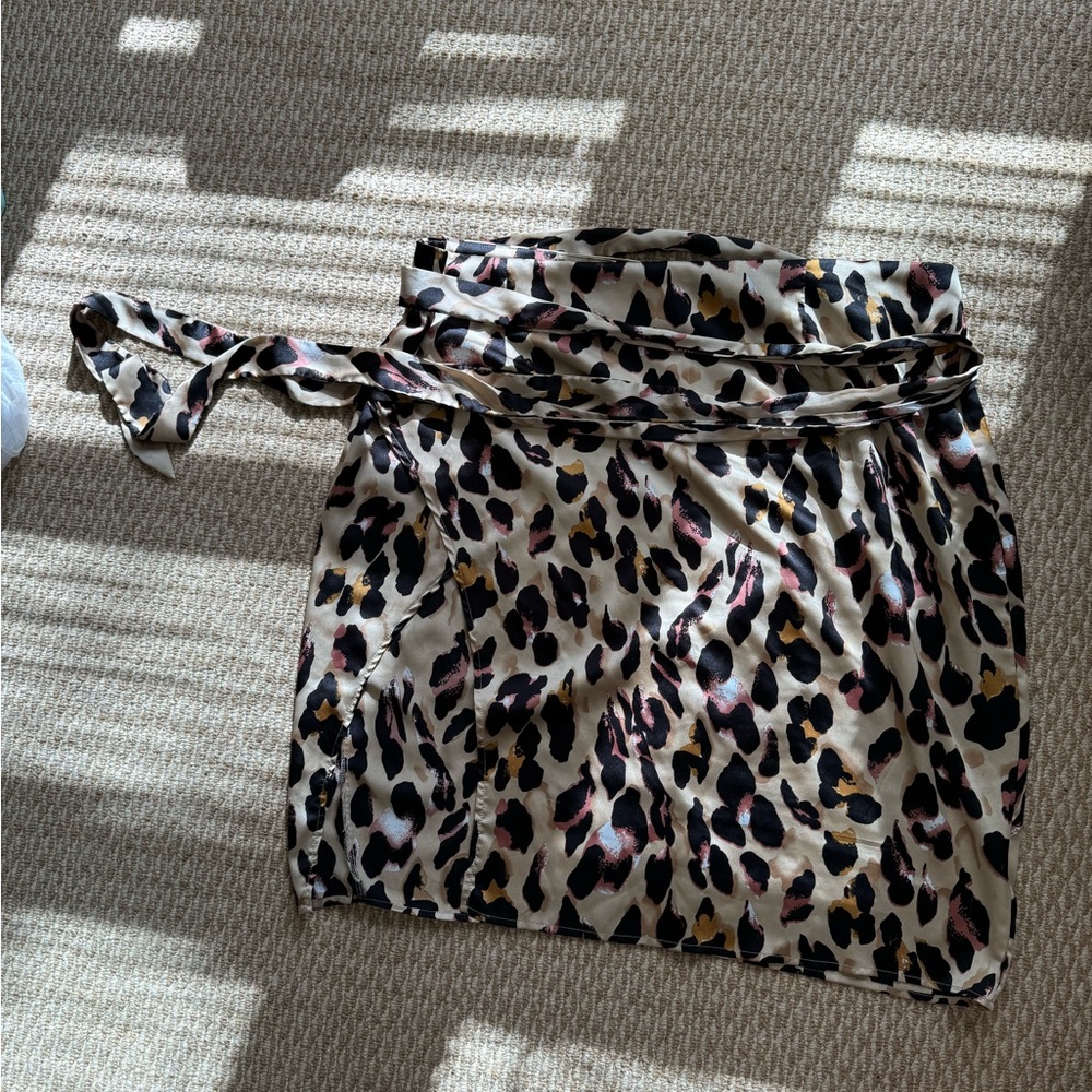 Silky Leopard Print Skirt w/ Wrap Around Belt